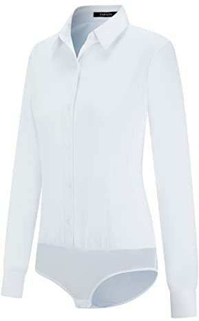 Tapata Womens Bodysuit Blouse Button Down One-Piece Long Sleeve Solid Office Work Shirt Casual Tops, White, Small