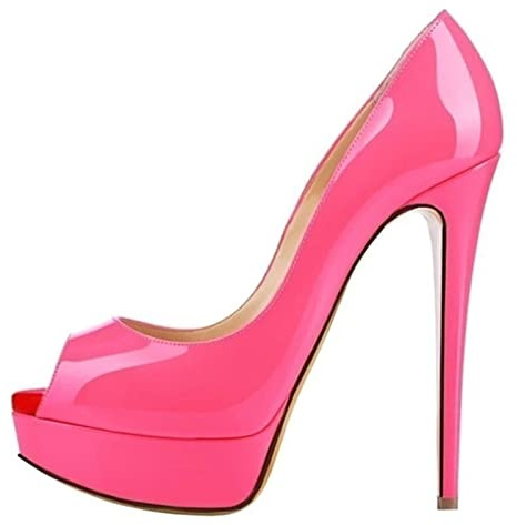 QIANKUN Zapatos de tacón alto súper altos con plataforma y puntera abierta sexy para mujer, zapatos stilettos de tacón alto de charol rojo para boda-rosa, 41