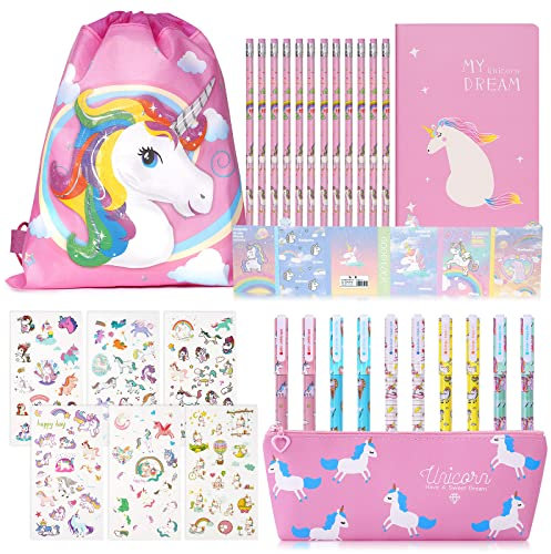 OFFCUP Einhorn Schreibwaren Geschenk Set, Einhorn Stifte Set, Inklusive Kordel Lagerung Taschen, 1 Notizbuch, 4 Bleistift, 10 Gelschreiber, 1 Federmäppchen, Aufkleber, Haftnotizen, für Mädchen Jungen