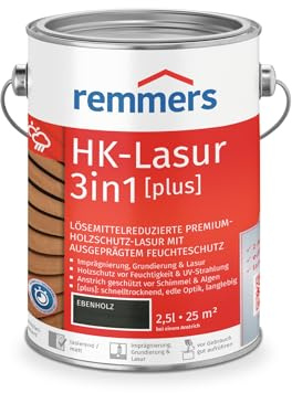 Remmers HK-Lasur 3 en 1 [plus] ébano mate, 2,5 litros, barniz protector de madera premium reducido con disolventes para exteriores, 3 en 1, secado rápido, duradero