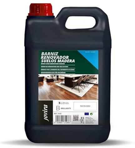 JOVIRA PINTURAS Barniz Renovador para Suelos de Madera al agua. Especial para renovar y decorar parqué laminado, suelos de madera, etc. (5 Litro, Brillante) F-99C