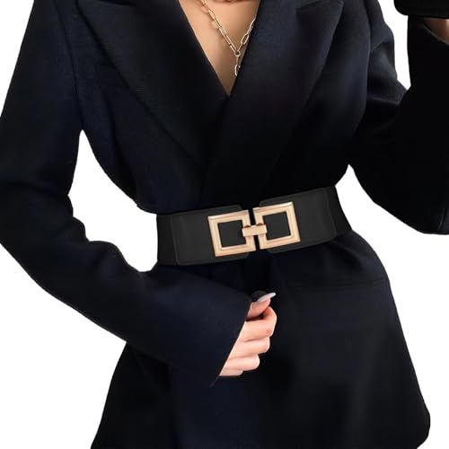 WHIPPY Wide Belts for Women Fashion Elastic Belt for Dresses Vintage Waist Belt Ladies Stretchy Belt Gold Buckle,Black 31 Inches