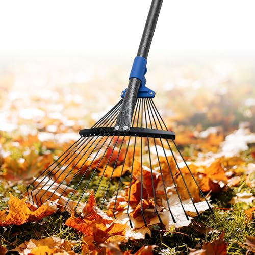 JAOTREL Adjustable Metal Leaf Rake Long Handle, 72 inch Garden Rakes for Lawns Heavy Duty Leaves with Expandable Head 8-17, Yard Women Kids Rake for Gardening RV Camping