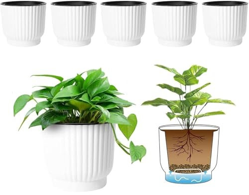 T4U 11.5cm Self Watering Plant Pots Indoor, 6 Pack Small Indoor Plant Pot, White Plastic Flower Pots, House Plant Pots for Indoor Plants, Succulent, Cactus, African Violets, Spider Plants