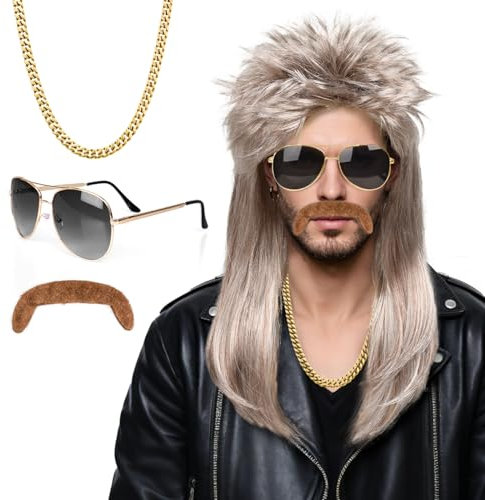 iZoeL Vokuhila Perücke 80er 90er Jahre Outfit Accessoires Herren - Silber-Grau Perücken Wig Sonnenbrille Halskette - Männer Karneval Fasching Perücke Faschingskostüme Halloween Party Kostüme