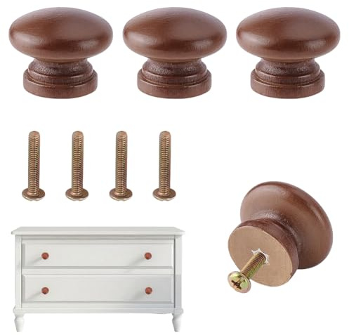 AHANDMAKER 4 st runda träknoppar, 33 mm/1,3 tum svampformade träskåp möbelknoppar, lådhandtag för köksskåp, möbler, byrå, garderob, brun