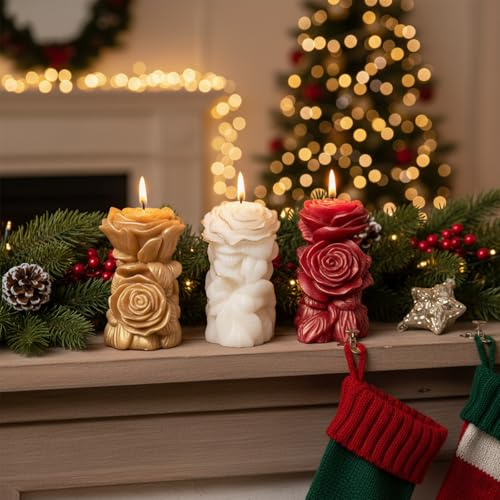 3 PCS Rose Pillar Candle Molds Silicone, 3D Flower Shape for Epoxy Resin, Concrete, Wax - DIY Craft Making Kit for Unique Wedding Gift, Home Decor, Valentine's Day