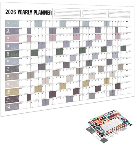 Calendario de Pared Anual 2026 - Calendario de 12 Meses con Pegatinas,Material Escolar De Gestión De Tiempo Personal Para Organizar Citas Lista De Tareas Planificación De Metas Y Seguimiento