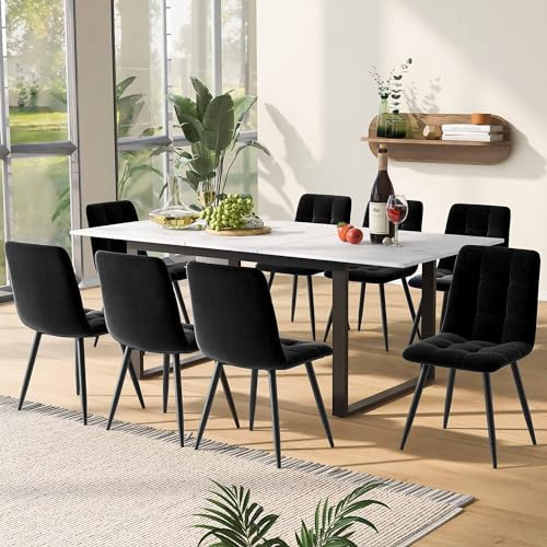 Aunvla Matgrupp, set 140/180 × 80 × 75 cm matbord med 8 stolar), modernt köksbordsset, svart sammet matstolar, MDF-bordsskiva i vitt, svarta bordsben