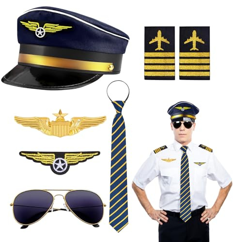 shallyong Accesorios Disfraz Piloto Capitán, Carnaval Disfraz Capitán, Gorra Piloto, Charreteras, Insignias, Gafas Sol, Corbata, Broche, Accesorios Disfraces Piloto para Carnaval, Halloween, Fiesta