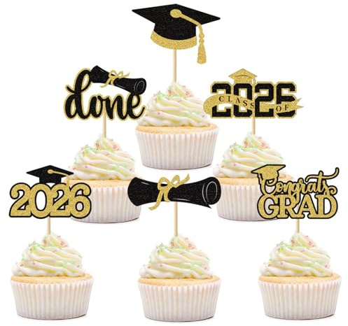 24 Pezzi Decorazioni per Torte di Laurea, Topper Torta Oro e Argento con Glitter, Decorazioni per Cupcake, Classe 2026, Addobbi Gadget per Festa Laurea Graduation