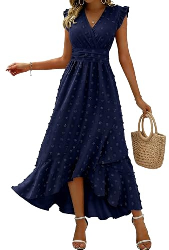 KUNJLELP Robe Femme Chic et Elegant Col V Manches Courtes Robe D'été Taille Haute Élastique Robe de Plage Vacances Fête Mariage Aniversaire
