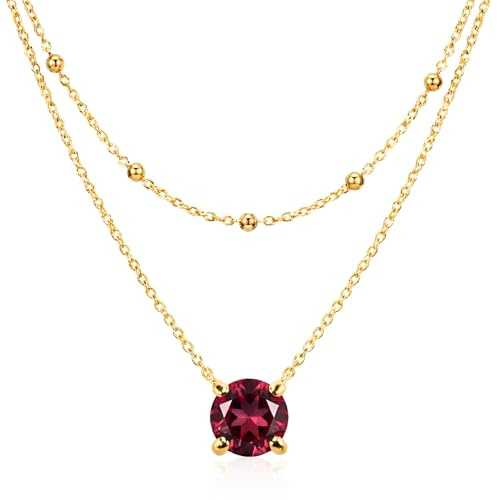 Zinello Design TILOVE Collana Donna Granato Rodolite Naturale – Doppia Catena Acciaio Inossidabile Placcato Oro 18K – Ciondolo 6mm Pietra Rossa – Regalo San Valentino Donna