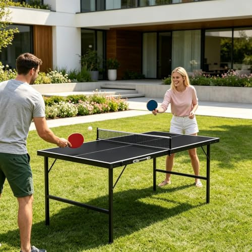 YRHome Mini mesa de ping pong plegable 153 x 75 x 80 cm, 14 mm laminado MDF con estructura de acero galvanizado, diseño portátil con 2 raquetas, 5 bolas de almacenamiento de red