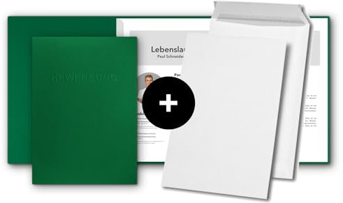 10 Stück 3-teilige Bewerbungsmappen favorit Blattgrün mit 2 Klemmschienen - inkl. 10 Versandtaschen - sehr stabiler 350 g/m² Naturkarton mit Relief-Prägung BEWERBUNG - STRATAG Mappenmanufaktur