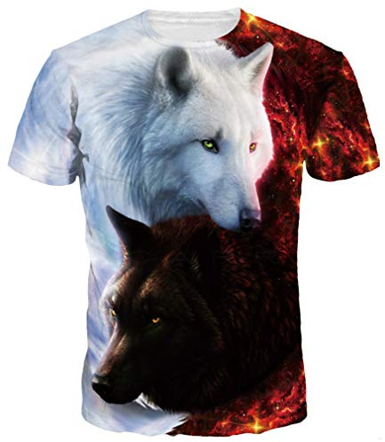 Ocean Plus Mäns Roliga Digitalt Tryck Mönster T-shirt Rund Hals Unisex Kvinnors Kortärmad T-shirt Toppar (3XL/180-185, Flammor dubbelvarg)