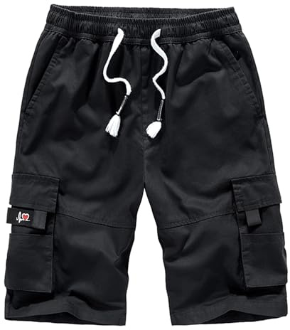 APTRO Shorts Mens Shorts Cargo Shorts Combat Work Summer Cotton Casual Multi Pocket Knee Length Elastic Shorts 901 Black XXL