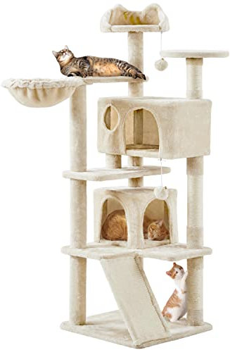 Yaheetech Cat Tree, 144.5cm Multi-level Cats Climbing Tower w/Sisal Scratching Posts/2 Condos＆Dangling Balls,Kitten Activity Centre Pet Play House, Beige