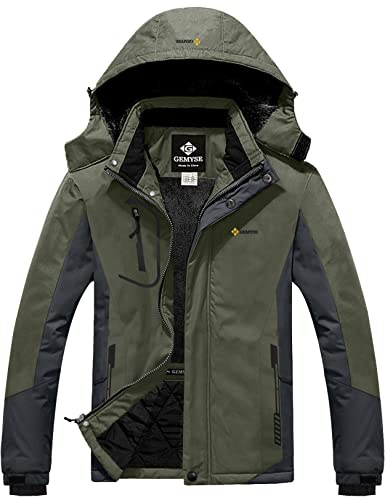 GEMYSE Herren Skijacke Wasserdicht Winddicht Gefüttert Winterjacke mit Kapuze für Sport Freizeit Outdoor(Armeegrün Grau,M)