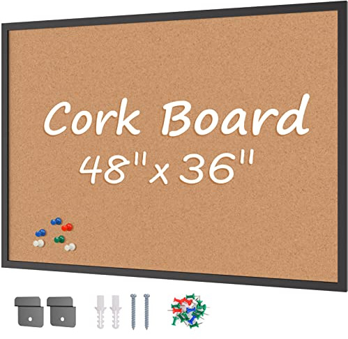Board2by Cork Board Bulletin Board 36 x 48, Black Wood Framed 4x3 Corkboard, Office Board for Wall Cork, Large Wall Mounted Notice Pin Board with 18 Push Pins for School, Home & Office