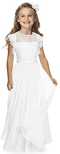 Boho Abito lungo in pizzo per bambini, in chiffon, con cintura e maniche corte a farfalla/chic, linea ad A, abiti per comunione, abiti per damigelle d'onore, abiti per paggetti, per ragazze 2-12 anni
