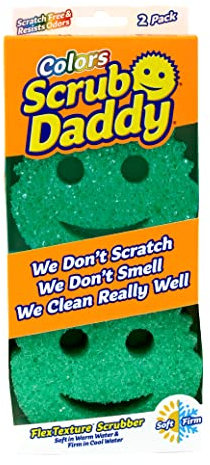 Scrub Daddy Colors Esponja, Estropajo Cara Sonriente Limpieza Anti-Rayaduras, Esponja Lavable Antibacteriana y Reutilizable para Cocina y Baño, Tecnología Flextexture - Verde, Paquete de 2
