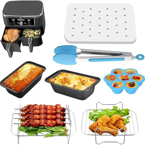 HOMGEN Accessoires de Friteuse à Air Set de 6, 8l-9.6l Grille en Acier Inoxydable, Panier Double pour Ninja Food AF300UK, AF400UK, Tower T17088, Salter Zone Deep Fryers