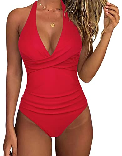RXRXCOCO Badeanzug Damen Bauchweg Push Up Shape Bademode Neckholder Badeanzug Rückenfrei Schwarzer Leopard L