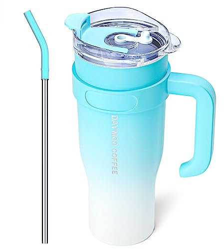 Isolierbecher mit Griff und Strohhalm, Trinkbecher Mit Deckel und Strohhalm, Thermobecher mit Strohhalm Edelstahl und Henkel, Großer Trinkbecher mit Strohhalm, isolier trinkbecher - 1.25L, Blau-Weiß