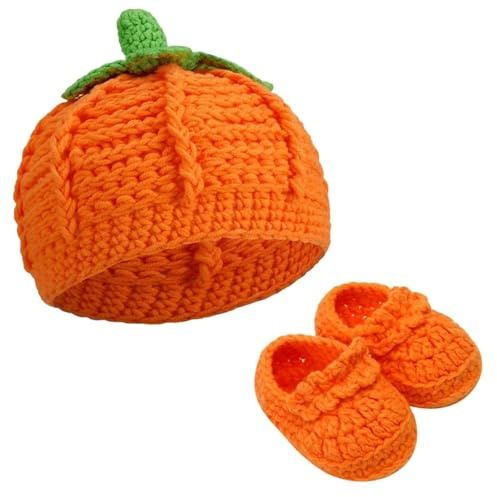 Firtink Baby Newborn Toddler Knitted Pumpkin Hats Halloween Beanie Crochet Pumpkin Hat with Pumpkin Booties for Thanksgiving Halloween Newborn Baby Photography,0-12 Month Orange