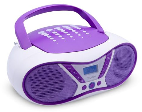 Mooov 477404 - Reproductor de CD portátil, Lector CD Audio CD-R/CD-RW/CD-MP3, Radio FM, Puerto USB, Sonido estéreo de 6W, asa ergonómica, Funciona con Corriente o con Pilas, Pop Purple