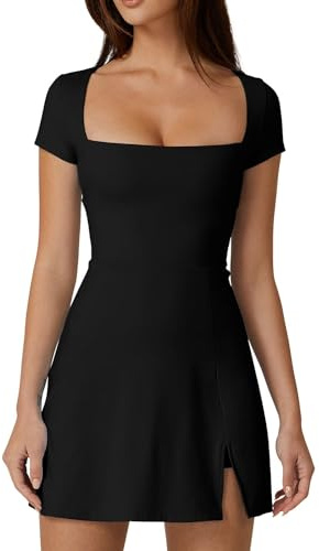 QINSEN Tennis Dress for Women Square Neck Short Sleeve Active Workout Dress Built in Shorts Black S