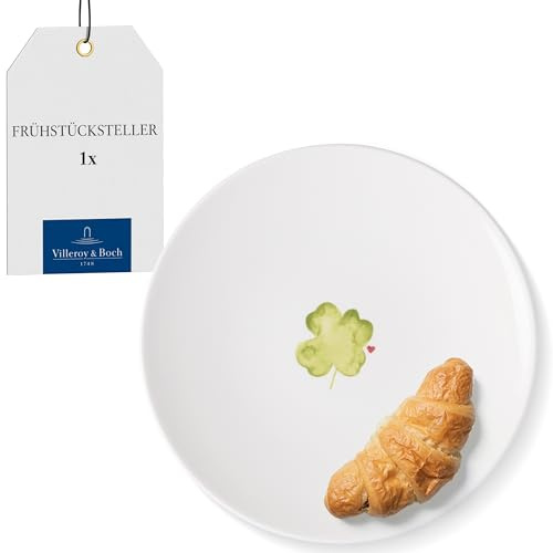 Villeroy & Boch – With Love Frühstücks-/ Dessertteller Good Luck Weiß, Spülmaschinenfest, Mikrowellensicher, Teller Kleeblatt, Geschirr Keramik, Kleeblattmotiv, Geschenk, Premium Porzellan
