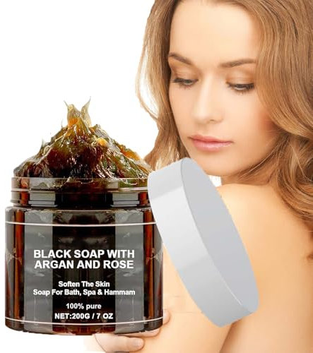 Savon Noir à L'argan et à la Rose,Savon Noir du Maroc Beldi,100% Organic Moroccan Black Soap,Savon Noir Marocain à 100% Biologique,Savon Exfoliant Pour Le Corps Au Savon Noir,Zawina Black Beldi Soap