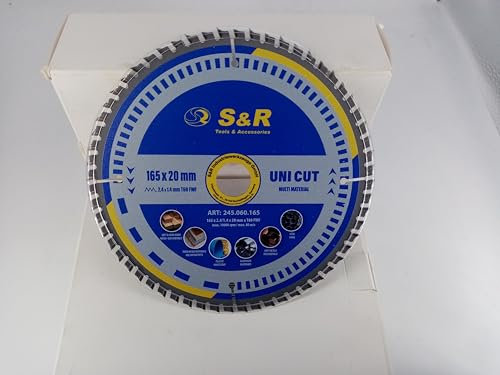 S&R Kreissägeblatt 165 x 20 mm FWF-Design, 60 Wolframkarbid HW Zähne, Universal Multicut Sägeblatt für Holz, 4 mm Baustahl, NE-Metalle, Kunststoff, Aluminium, Mehrzweck-Sägeblatt