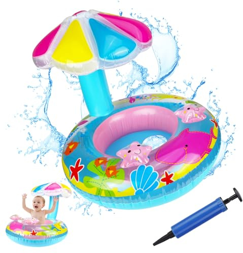 Anello di Nuoto a Forma di Animali Marini,Salvagente Neonato Galleggiante Gonfiabile del Bambino Dell'anello di Nuoto Baby Float Salvagente con Seggiolino Tettuccio Parasole Bambini Piscina Giocattolo