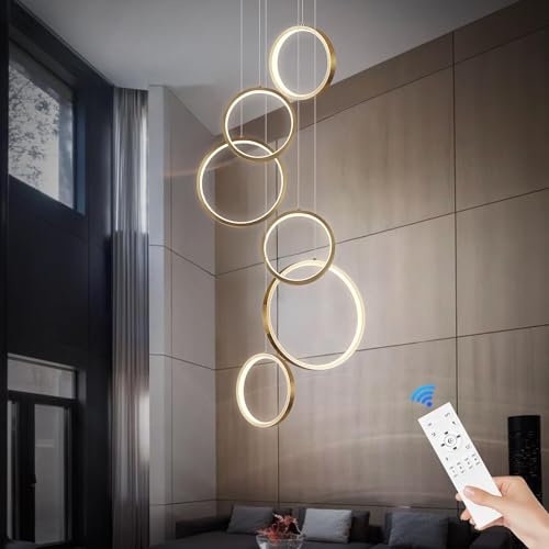 ZenithBeam Lustre Modern Led Villa Escalier Grande Suspension Luminaire Haut Plafond Dimmable Lampe Suspendue MéTal AdaptéE Au Foyer De L'HôTel Salon En 6 Anneaux D'éClairage Doré