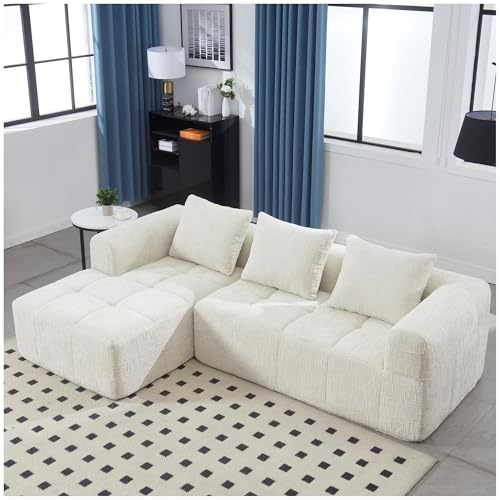 Wyibwy Divano moderno componibile, divano a L, divano a 3 posti con chaise longue e braccioli, 3 cuscini, tasca laterale per telecomando, divani in ciniglia, Beige