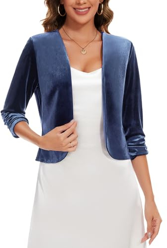 MINTLIMIT Damen Strickjacke Kurz Samt Bolero 3/4 Ärmel Cardigan Vorne Bolerojacke Elegant Blazer (Blue L)