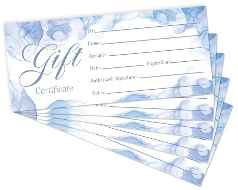 Blank Gift Certificate for Business, 25 Blue Gift Certificate Cards for Spa Restaurants Salon, Custom Client Vouchers for Birthday, Fill in Blank Work Business Present Cards, 3.5 x 8 Inch - A013