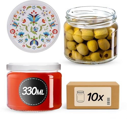 KADAX Tarros de cristal para mermelada, 330 ml, con tapa de rosca fi82 mm, tarros para mermelada, miel y mermelada, tarros de cristal con tapa (flores, 10 unidades)