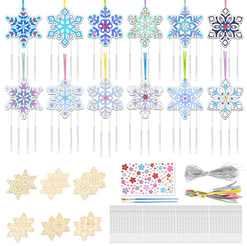 SRIZIAN 12 Pièces Kit Bricolage Carillon à Vent, Kit de Bricolage en Bois pour Enfants Flocon de Neige de Noël en Bois pour Décoration de Fête