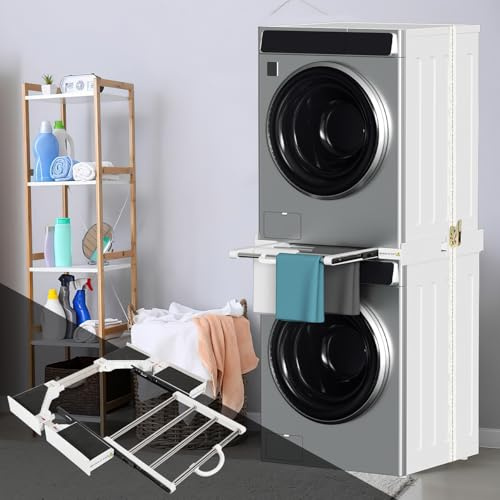 Peviasot Telaio intermedio per asciugatrici, lavatrici, telaio di collegamento, kit intermedio con portasciugamani estraibile, misura regolabile (54-73 cm), portata 100 kg