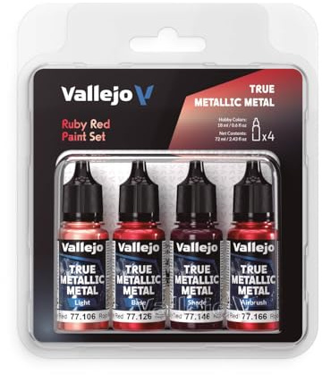 Vallejo True Metallic Metall-Farbenset Rubinrot, 4 Farben zum Lackieren von Metallen, Grundierung, Aufhellung, Schattierung und Airbrush, BSL-System, für gleichmäßige und vielseitige Ergebnisse