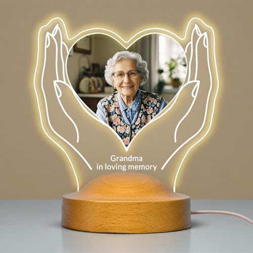 Fashimontr Personalized Memorial Light with Custom Photo, Heart Hands LED Night Light, Soft Warm Glow for Honoring Loved Ones Forever, Clear Acrylic with Wooden Base
