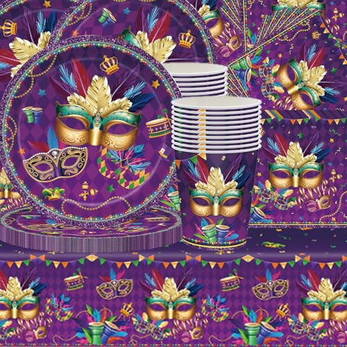 Juego de vajilla para fiesta del Carnaval de Venecia de 61 piezas con motivos de máscaras moradas, mantel, vasos de papel, servilletas y platos de papel, apto para 20 invitados.
