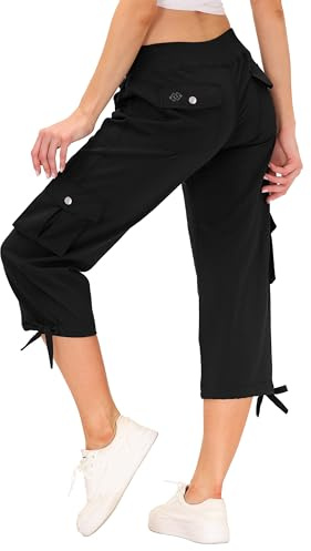 MoFiz Pantalones 3/4 Mujer Verano Pantalones Piratas Cargo de Senderismo y Viajes Pantalon Capri Informales de Moda con 6 Bolsillos Negro Talla L