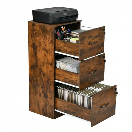 anrekl Mueble Impresora, Cajonera Oficina con 3 Cajones Cerradura y Llaves, Cajoneras Escritorio Madera, Armario Archivador con Barras Colgantes para Oficina Casa, 40×41×103.5cm, Marrón Retro