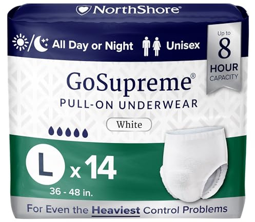 NorthShore GoSupreme Overnight Pull-On Underwear, 8-Hour Leak Protection, Large, 14-Count Bag, White, (36-48 in Waist), Unisex Adult Diapers