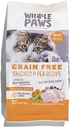 Whole Paws, Grain-Free Dry Cat Food, Chicken & Pea Recipe, Enhanced with Fiber & Prebiotics, Indoor Formula, 3.5 lb